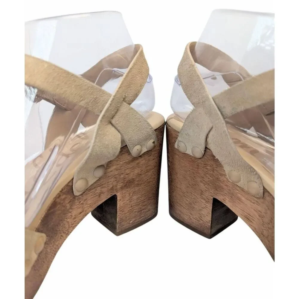 Sam Edelman Josefine beige nude suede strappy wood platform sandals womens 8